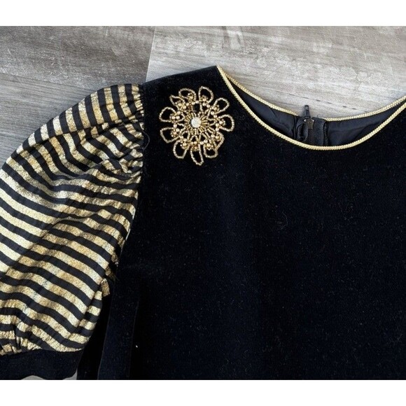 Vintage Sylvia Whyte Girls Holiday Black Gold Velvet Dress Size 12 Bow Striped - Picture 6 of 9